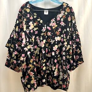 Cabi Charm Blouse Black Floral V-Neck Short Kimono Sleeve Size XL